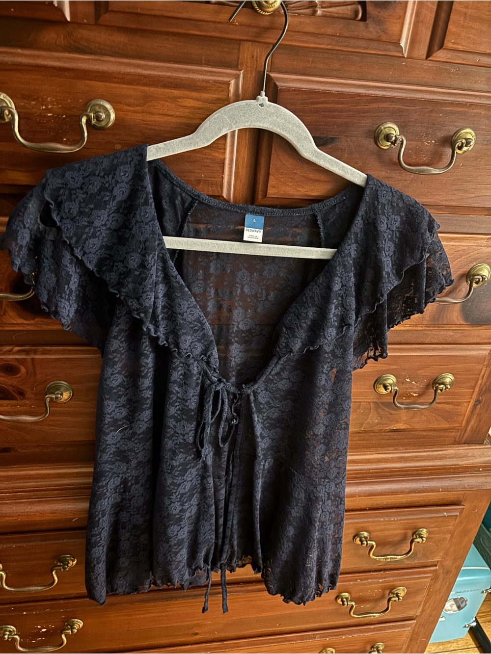 Old Navy Black Lace Tie-Front Ruffle Sleeve Top